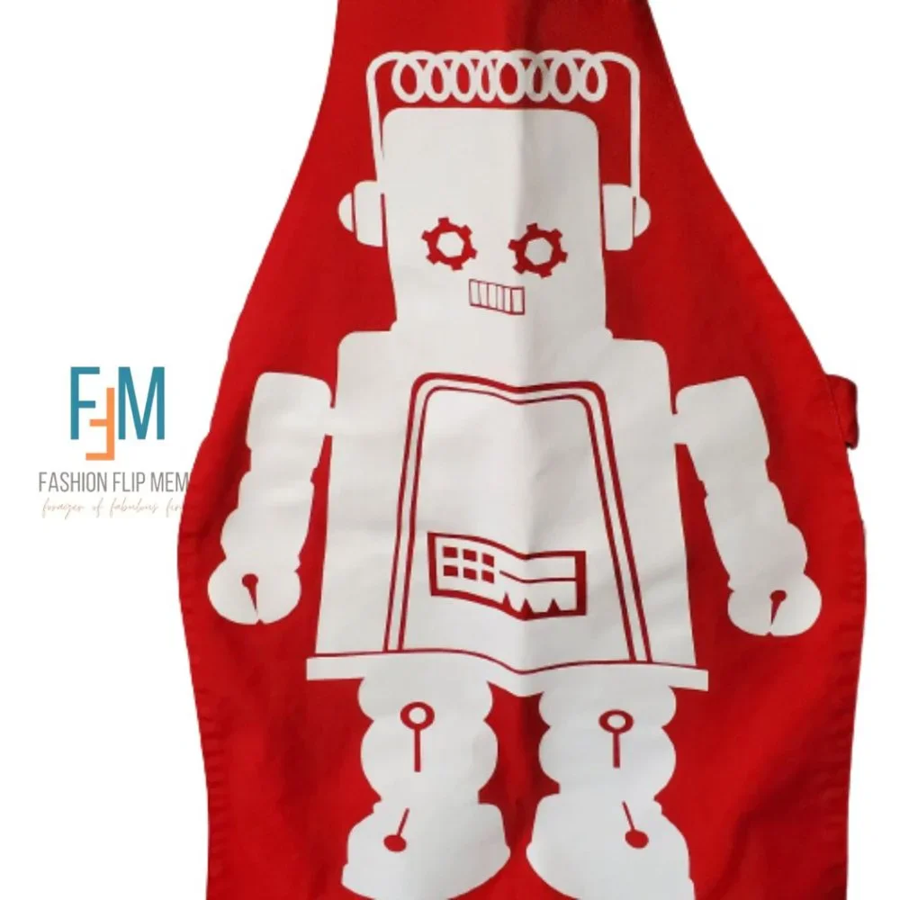 Old Navy Red & White Retro Cotton Canvas Robot Apron Youth OS Unisex VTG New!